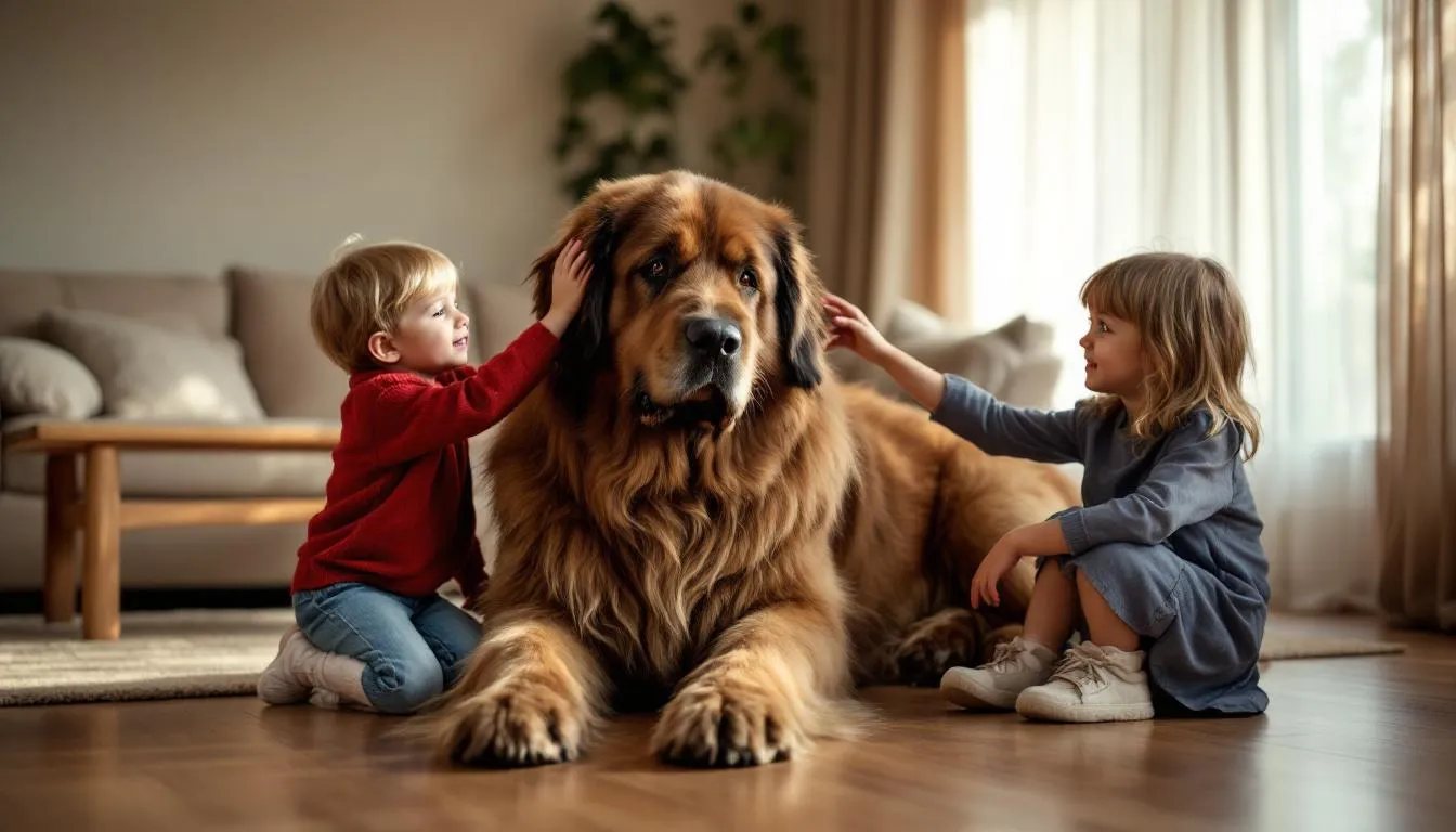 In a cozy living room, a large Newfoundland dog sits patiently as two small children gently pet its head, showcasing the dog’s friendly nature and its reputation as an excellent family dog. This scene highlights the bond between the children and their canine companion, demonstrating how well this breed gets along with young children.