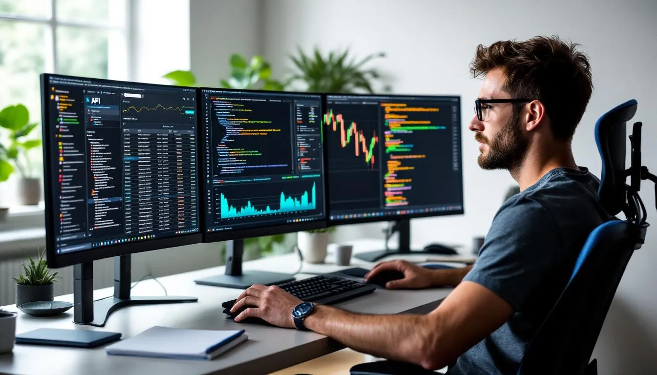 A developer is focused on their laptop, surrounded by multiple screens displaying financial API code and interactive data dashboards. The setup highlights the integration of embedded finance solutions, showcasing how financial services can be seamlessly embedded into non-financial platforms to enhance customer engagement and experience.