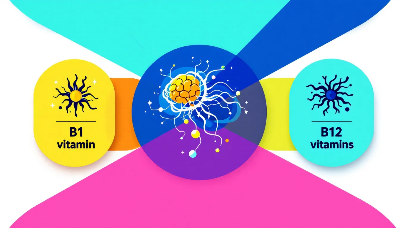 Top 5 Essential Vitamins for Nervous System Health 1 A colorful assortment of B vitamins, including vitamin B1, B6, and B12, which are essential for nervous system function.