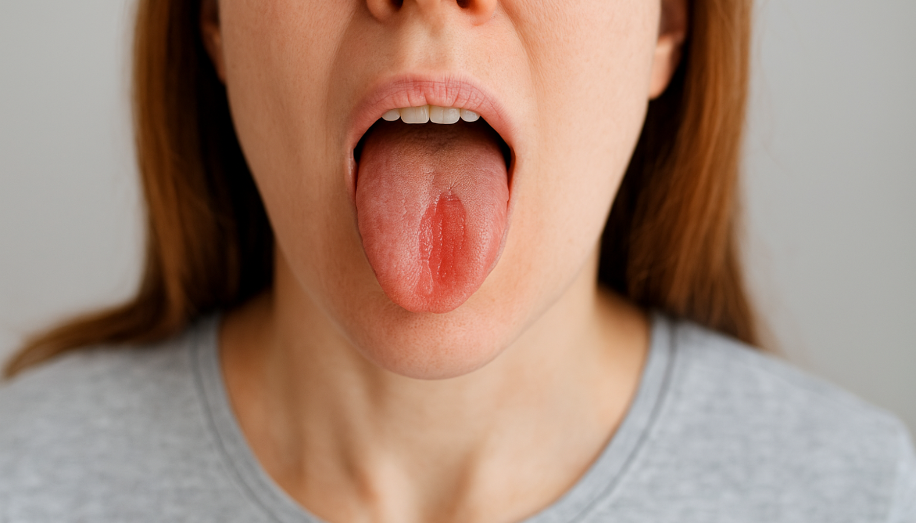 Kvinne med rød og sår tunge som viser tegn på jernmangel i munnen."