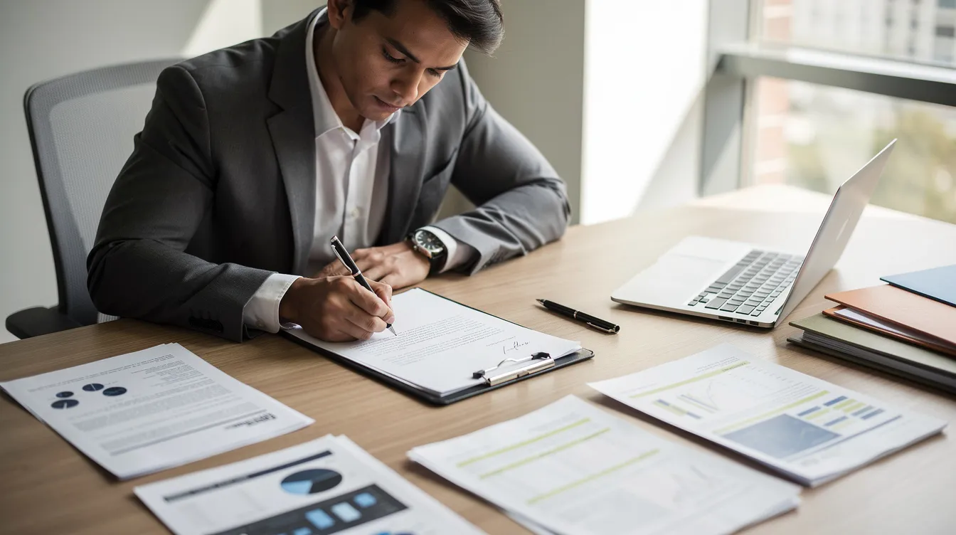 A professional is seated at a desk, diligently writing a formal letter, with various documents related to loans and business plans spread around. The scene suggests a focus on financial matters, possibly involving a mudra loan or other funding options for micro enterprises and income-generating activities.