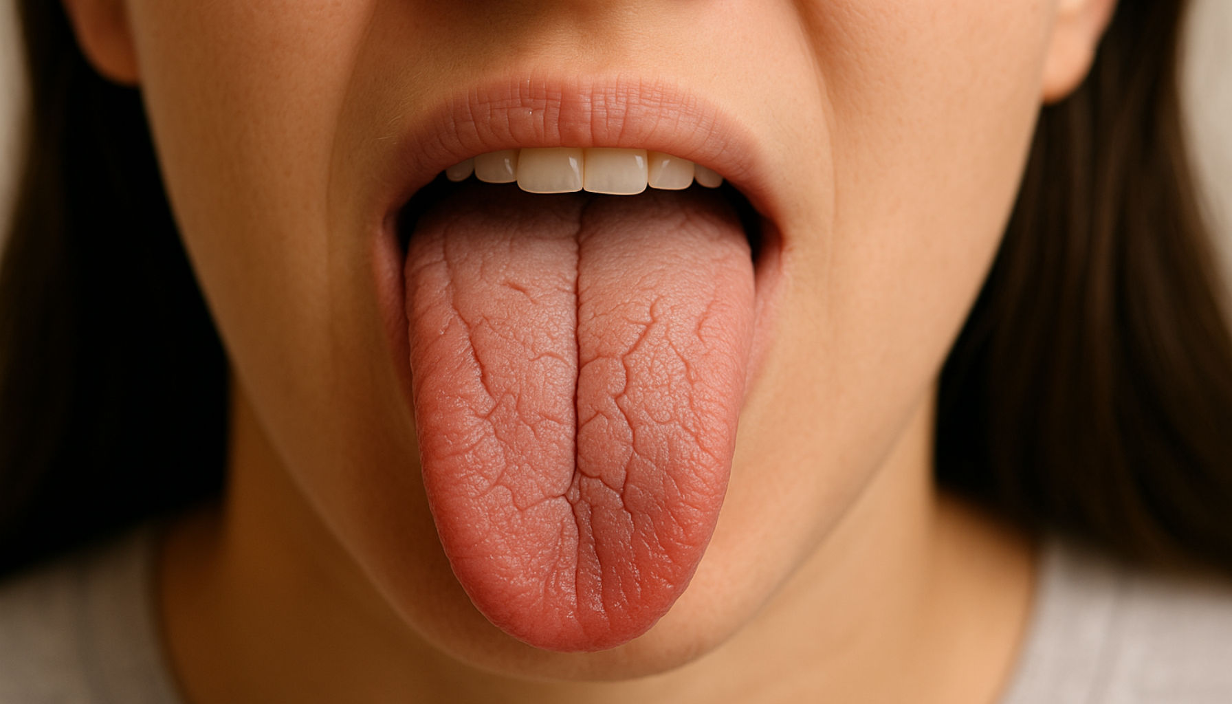 Sprekker i tungen: Vanlig, men verdt å følge med på 12 Nærbilde av utstrakt tunge med dype sprekker og tydelig tørr overflate foran uskarp bakgrunn.