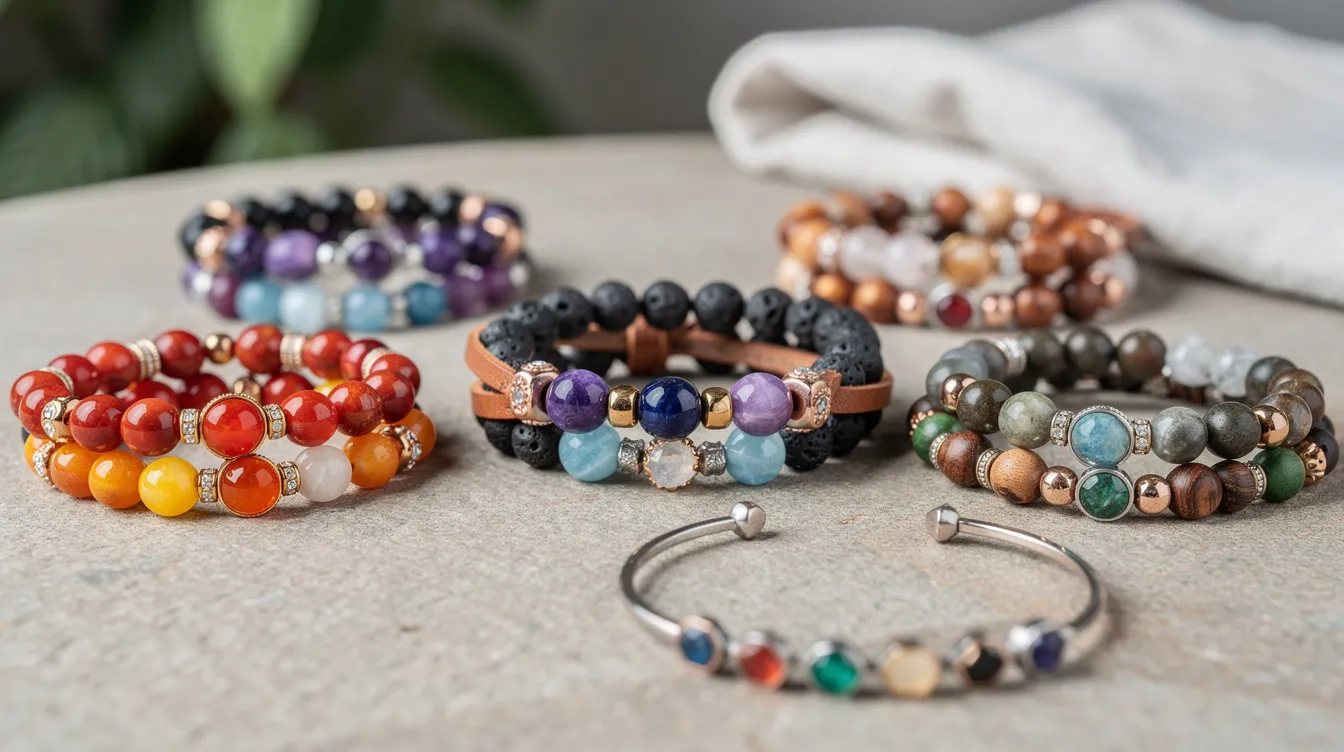 The image showcases a variety of chakra bracelets, featuring colorful chakra stones and materials like sterling silver and lava beads, designed to promote balance and well-being. Each bracelet is uniquely crafted to represent the seven chakras, including the root chakra and crown chakra, appealing to diverse styles and preferences.