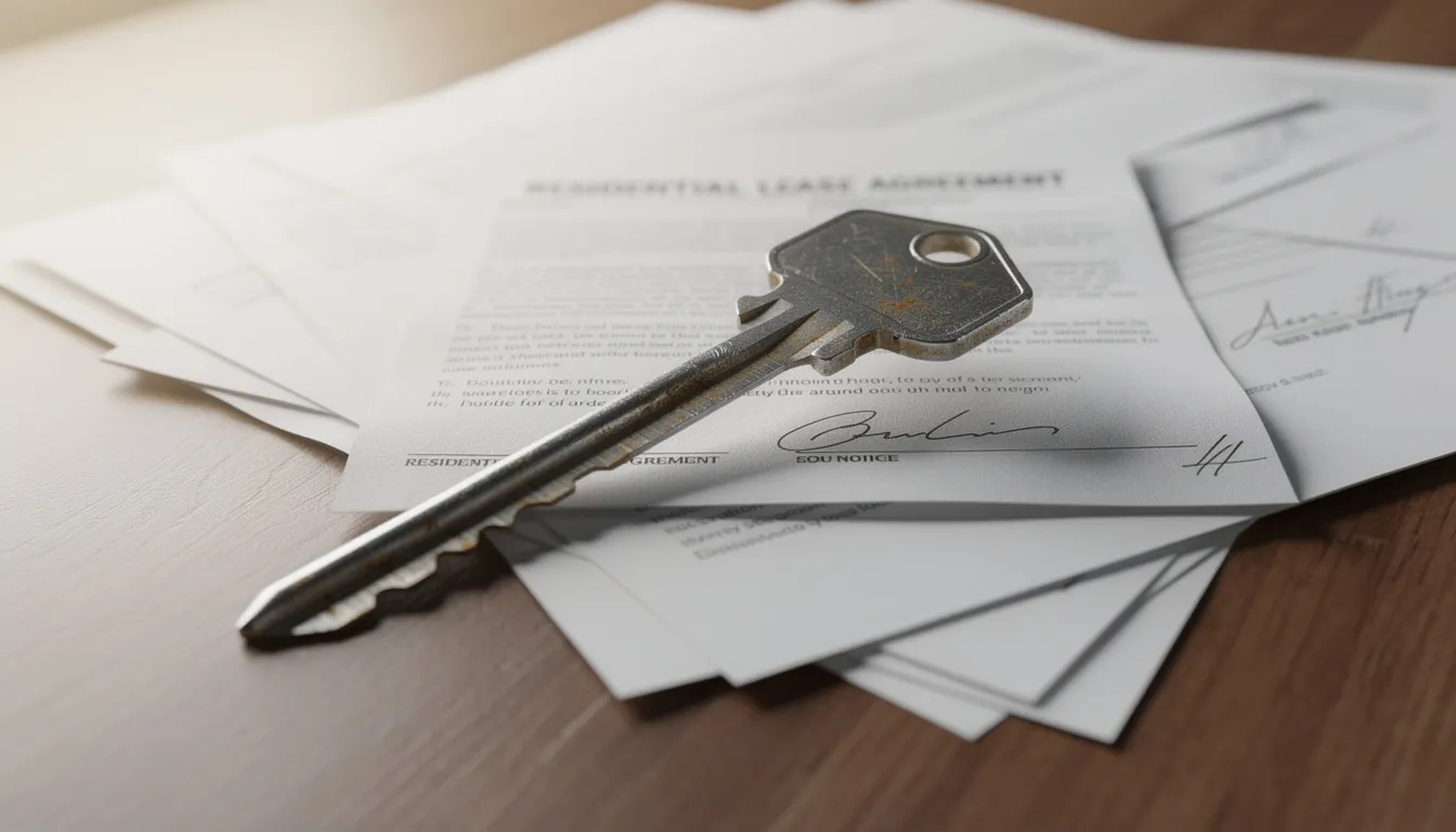 A house key rests on top of a stack of legal documents and papers on a wooden table.