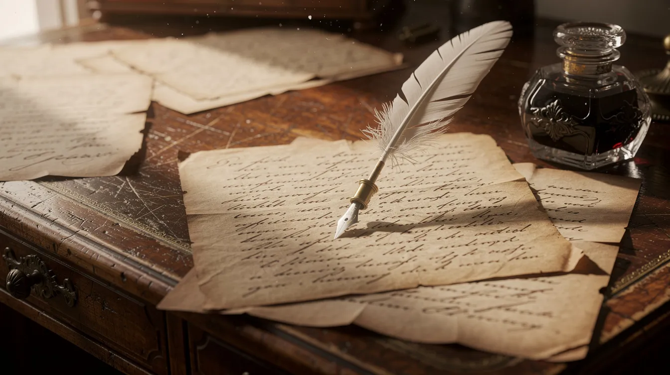 The image features an antique writing desk adorned with old handwritten documents, an ink well, and a quill pen, evoking a sense of historical writing practices. This setup reflects the importance of written orders in the financial world, highlighting the traditional methods of documenting payments and agreements.