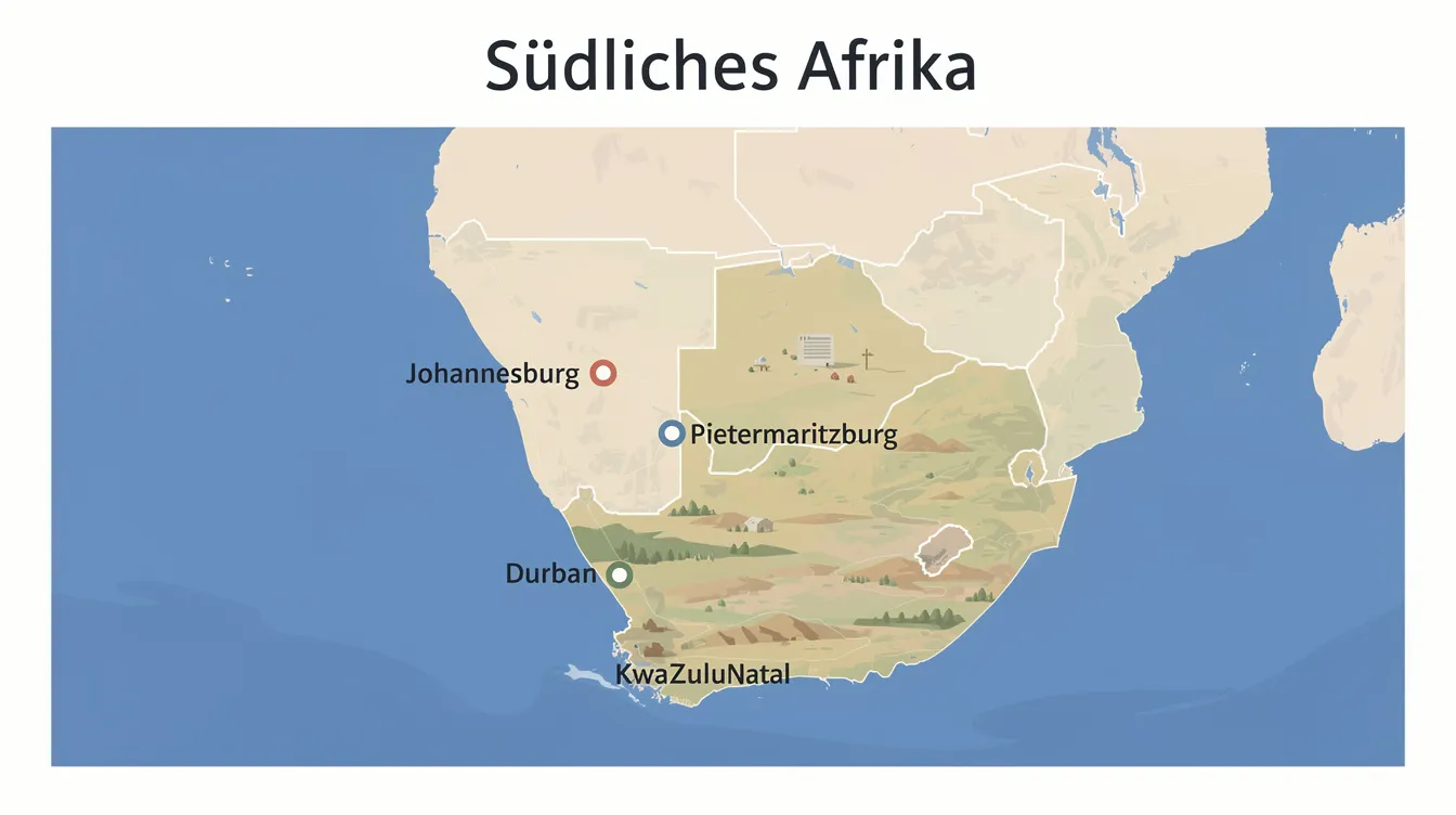 Die Karte des südlichen Afrikas zeigt die markierten Städte Durban, Johannesburg und Pietermaritzburg, umgeben von einer üppigen grünen Landschaft und der Küste. Diese Region hat eine bedeutende Geschichte, in der auch die Ideen von Mahatma Gandhi und der Unabhängigkeitsbewegung eine wichtige Rolle spielten.