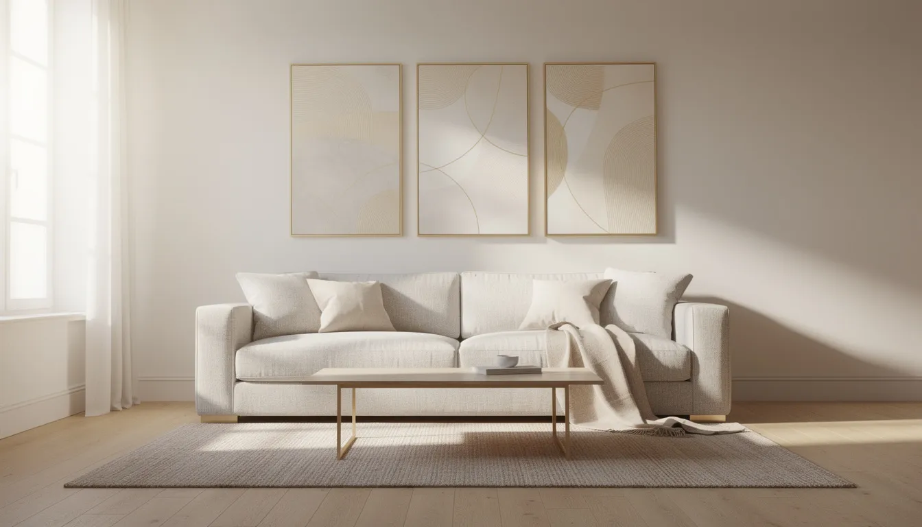 Ett ljust och luftigt vardagsrum med en beige soffa som står i fokus, prytt av guldiga tavlor ovanför, vilket ger en lyxig känsla. Varmt ljus strömmar in genom fönstret och skapar en inbjudande atmosfär i hemmet.