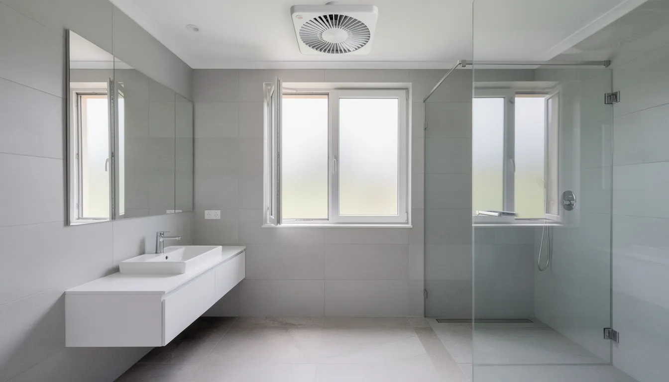 The image depicts a modern bathroom featuring an exhaust fan that ensures proper ventilation, which is essential for preventing mold growth and maintaining indoor air quality. Good ventilation helps trap mold spores and reduces the risk of allergy symptoms and asthma attacks caused by excessive moisture and poor air circulation.
