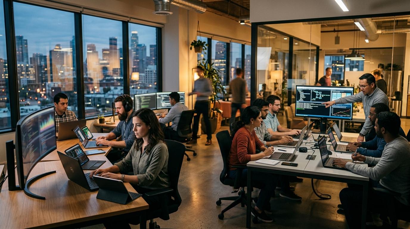 Realistic remote workforce using cloud-hosted desktops across different devices while a separate group participates in guided technical labs in isolated cloud environments.