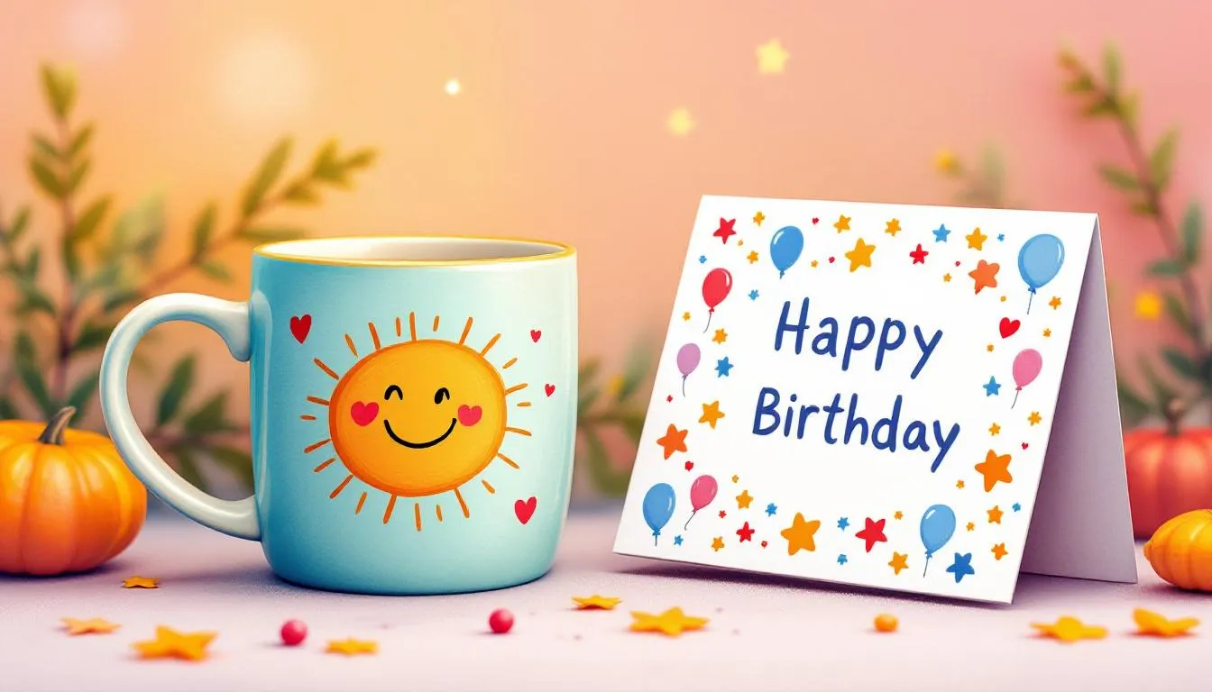 Personalized birthday gifts including custom mugs and greeting cards.