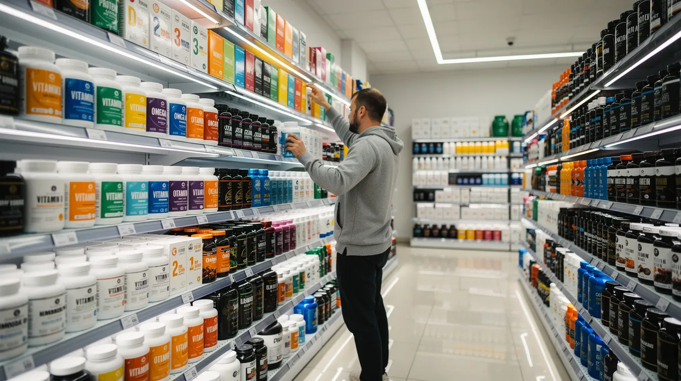 A person is seen browsing through shelves filled with various supplement products in a brightly lit retail store, with a focus on shilajit supplements and other health products. The shelves are stocked with items that promote vitality and energy, including pure Himalayan shilajit and other herbal supplements.
