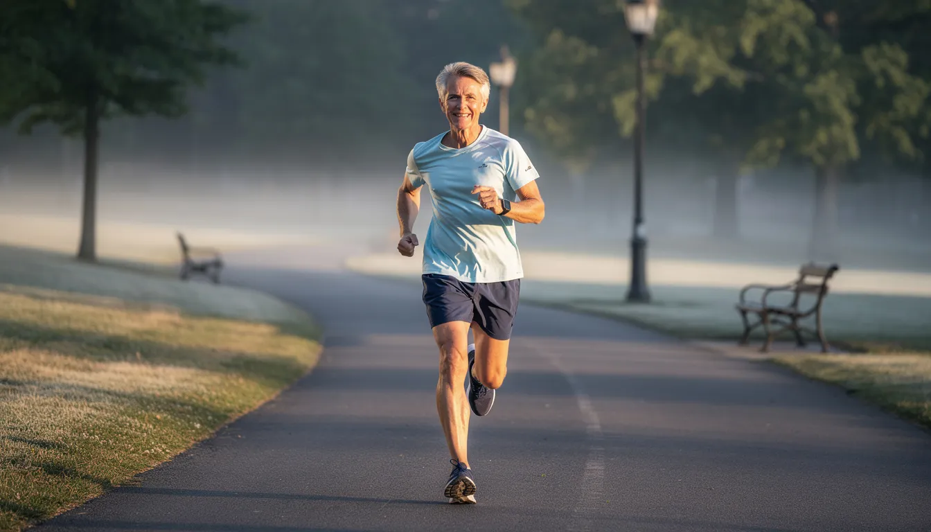 An individual in their 50s is jogging through a park during the early morning, embodying an active lifestyle that supports healthy aging and metabolic health. The serene environment and exercise highlight the importance of regular physical activity for overall well-being and cellular energy.