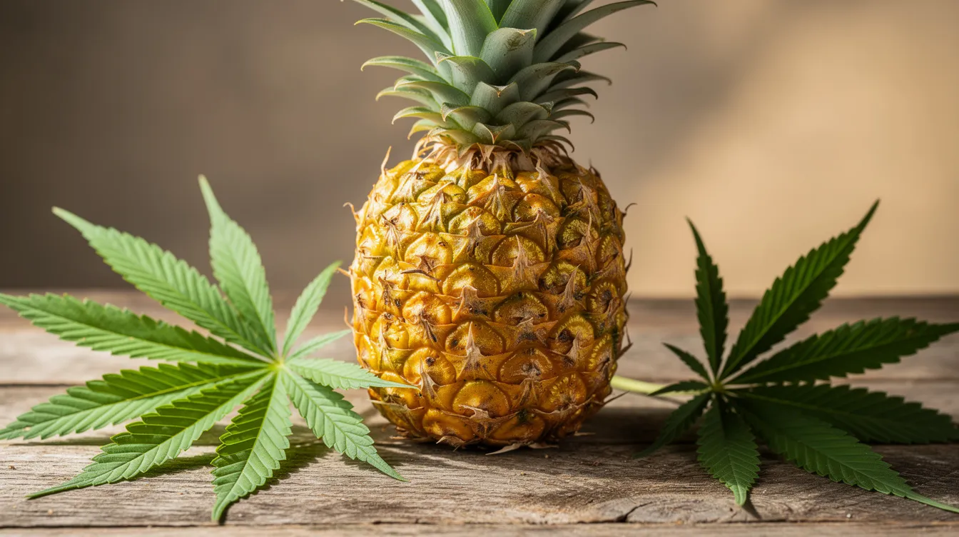 A close-up view features a ripe golden pineapple alongside vibrant green cannabis fan leaves on a rustic wooden surface, highlighting the tropical sweetness of the pineapple and the lushness of the cannabis plant. This image evokes a warm, sunny climate, reminiscent of the uplifting and energetic effects associated with the pineapple express strain, popular among cannabis enthusiasts and medical marijuana patients alike.