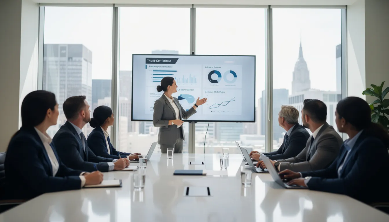 A confident woman stands at the forefront of a boardroom, presenting her ideas to a diverse group of professionals, embodying a positive money mindset and showcasing practical strategies for financial success. Her presence inspires other women entrepreneurs to shift their beliefs about money and embrace an abundance mindset for sustainable growth.