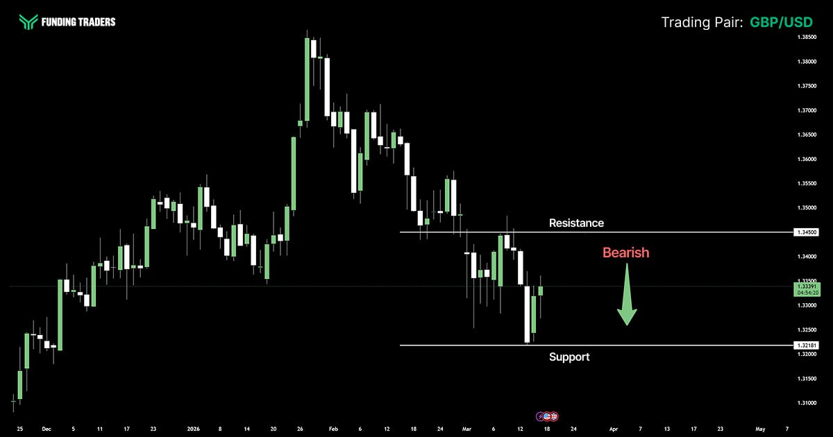 GBP/USD candlestick chart from December 2025 to May 2026, showing a sharp rally to a peak near 1.38500 in late January before a sustained downtrend. Price is now consolidating between support at 1.32181 and resistance at 1.34500, with a bearish arrow projecting further downside toward support.