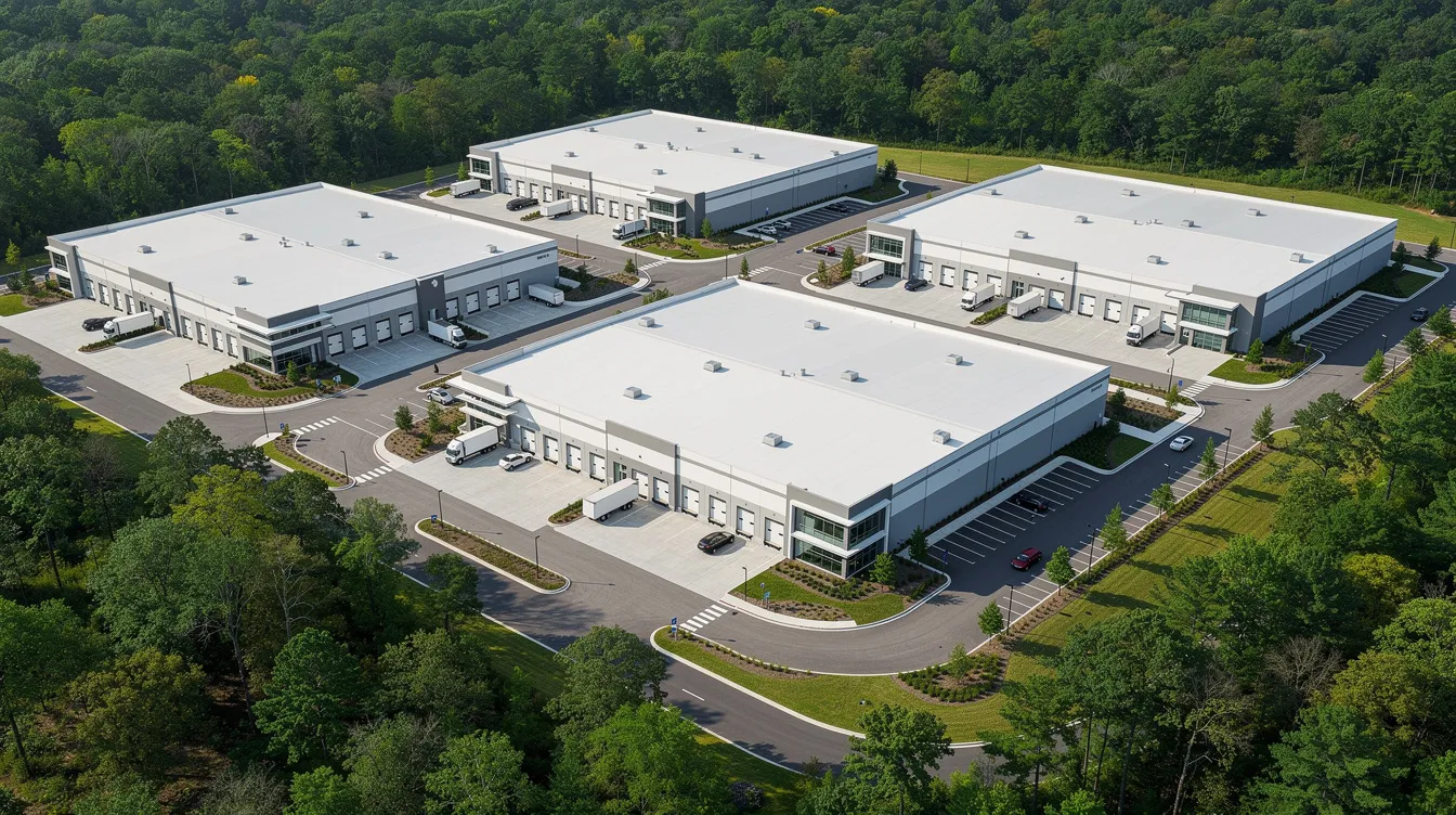 Aerial view of a small-bay industrial park with loading doors, truck courts, and parking.