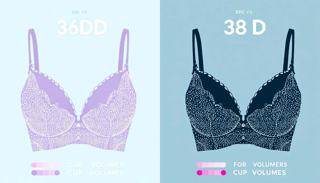 A comparative image of 36DD and 38D bras showing their cup volumes.