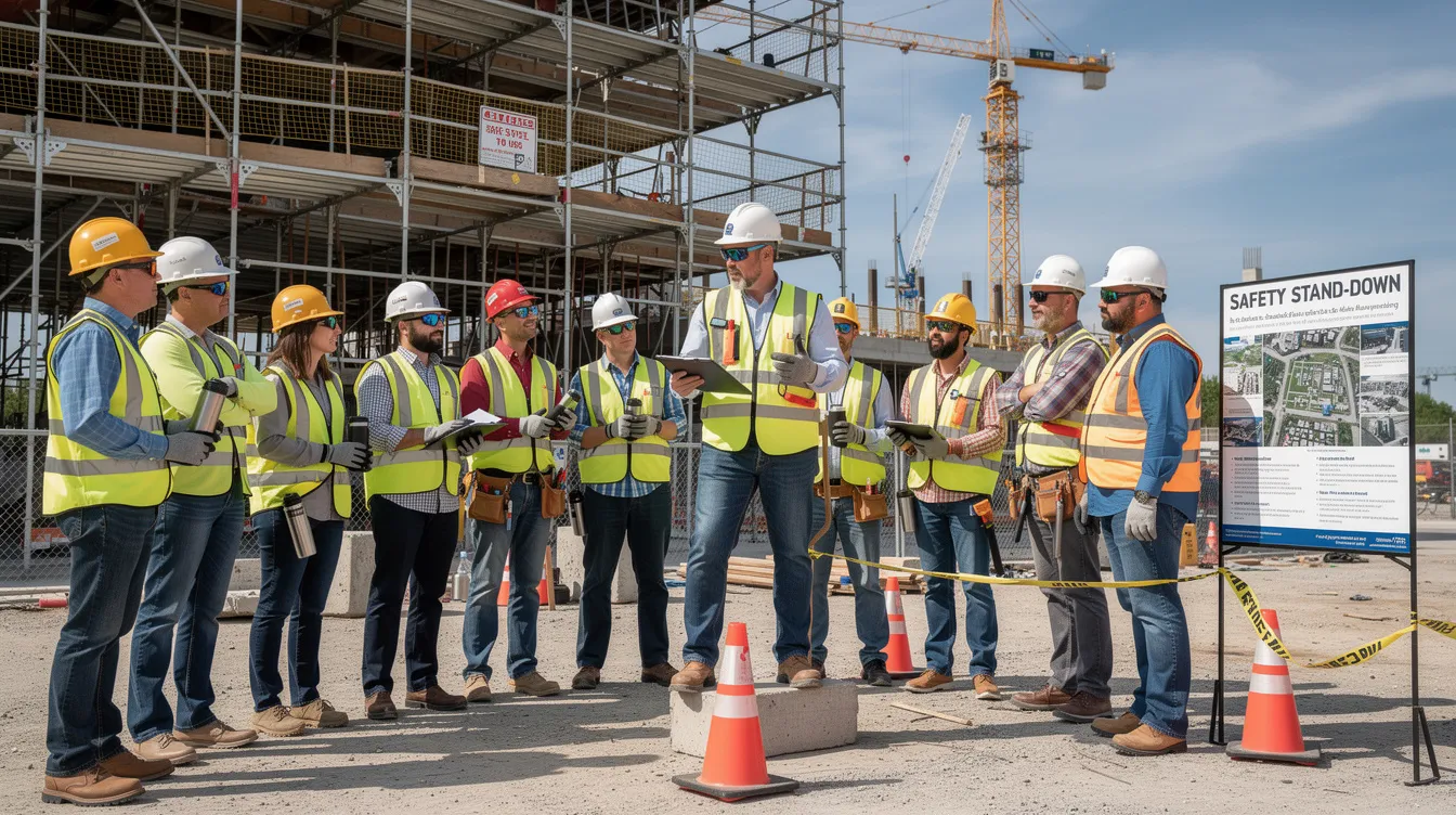 A supervisor is leading a safety stand-down meeting outdoors with construction workers near scaffolding, emphasizing the importance of safety training and hazard identification to create safer work environments in the construction industry. Participants are engaged in discussions about personal protective equipment (PPE) and compliance with OSHA standards to ensure workplace safety.
