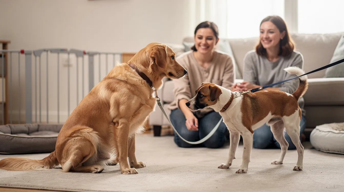 The image depicts an adult dog and a new puppy meeting for the first time in a calm, neutral environment. Both dogs exhibit positive body language, with the older dog showing a relaxed posture while the puppy play bows, signaling a friendly introduction.