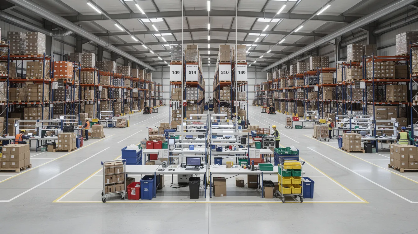 L'immagine mostra un magazzino industriale con scaffalature ben organizzate e aree di picking efficienti, evidenziando l'importanza della gestione logistica e della distribuzione per le aziende di e-commerce. Gli spazi sono progettati per ottimizzare il stoccaggio e garantire un rapido accesso ai prodotti, contribuendo così alla soddisfazione del cliente.