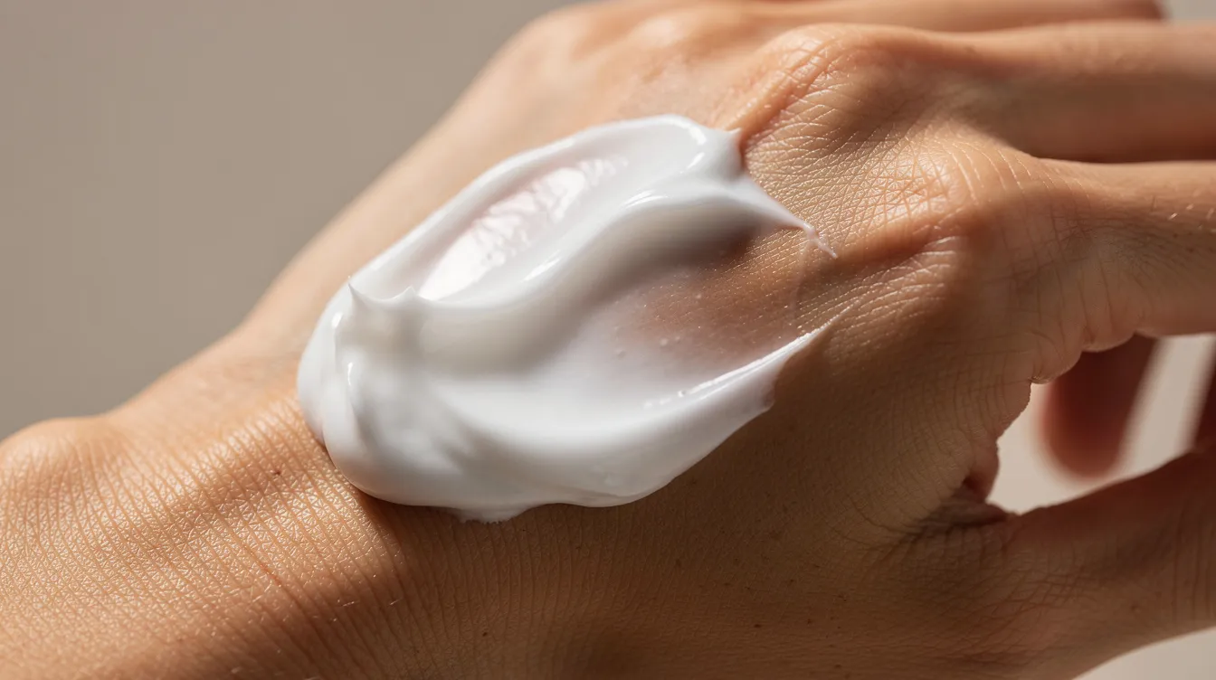 The image shows hands applying a thick cream balm, likely made from beef tallow, onto the skin, emphasizing its rich texture for deep hydration. This natural skincare product is beneficial for sensitive skin, providing essential fatty acids and vitamins that help strengthen the skin barrier and combat dryness.