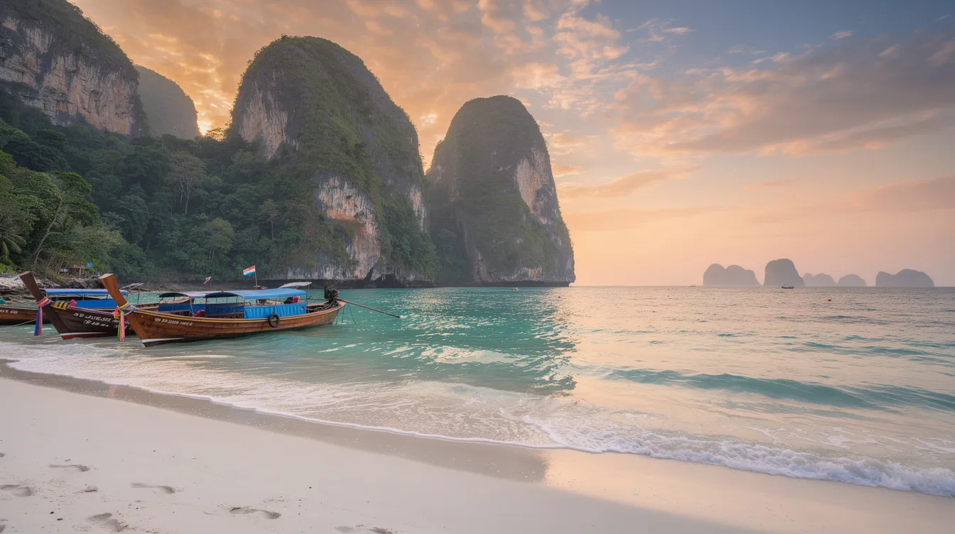 Imagem de Krabi, Tailândia, mostrando suas impressionantes praias de areia branca e águas cristalinas do Golfo da Tailândia, cercadas por formações rochosas majestosas. O cenário é ideal para turistas em busca de destinos paradisíacos e experiências culturais únicas.