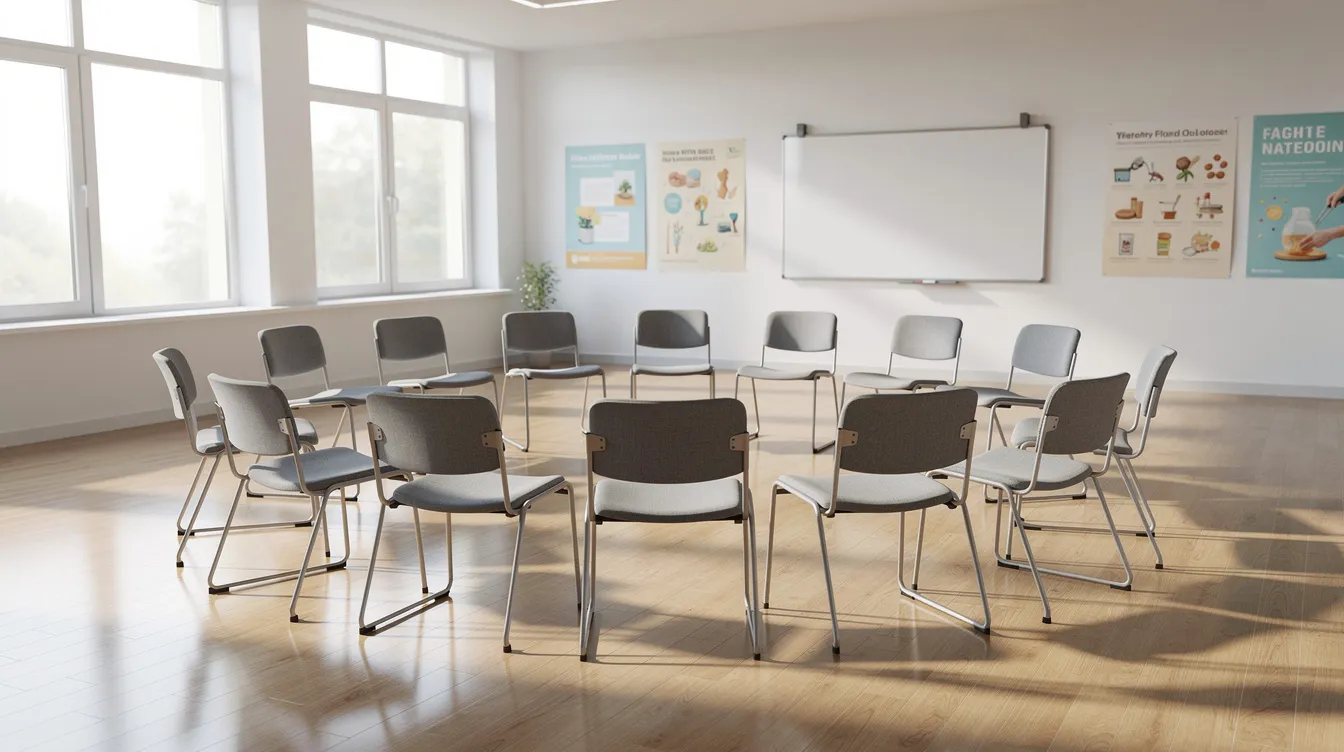 Wizualizacja profesjonalnej sali spotkań w szkole, gdzie krzesła są ułożone w okrąg, a naturalne światło wpada przez okna. Tego rodzaju przestrzeń sprzyja dyskusjom i wspólnym konsultacjom, co jest istotne w pracy psychologa szkolnego oraz w dokumentacji dziennika psychologa.