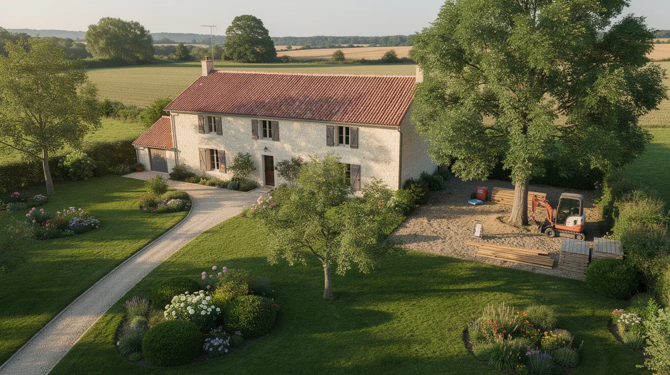 Une vue aérienne montre une maison rurale française entourée d'un jardin verdoyant, avec une zone de chantier discrète où pourrait se dérouler l'installation d'une micro station d'épuration pour l'assainissement non collectif. Ce paysage évoque l'importance d'un système d'assainissement adapté au milieu naturel.
