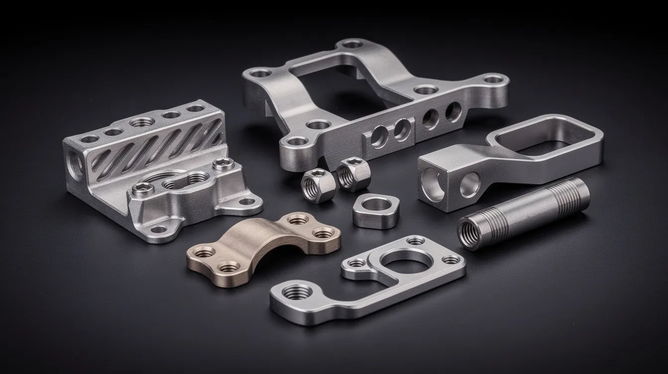 The image features a collection of assorted precision machined metal components, including aerospace brackets and medical device housings, displayed on a dark surface. These components exemplify high precision CNC machining and showcase the intricate details typical of advanced CNC machining services used in various industrial sectors.