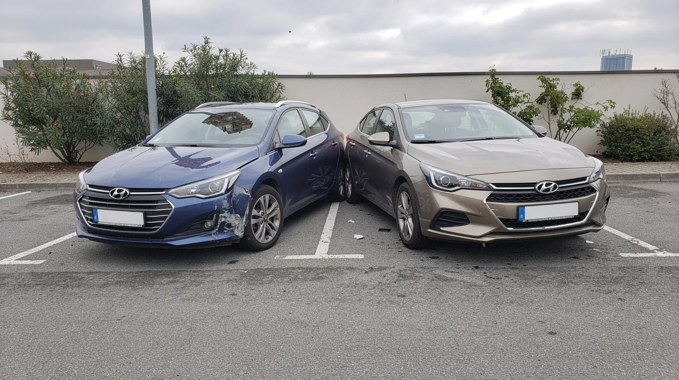Auf dem Parkplatz stehen zwei Autos nebeneinander, die nach einem leichten Zusammenstoß, einem sogenannten Parkrempler, entstanden sind. Beide Fahrzeuge zeigen sichtbare Schäden, die möglicherweise eine Reparatur in einer Werkstatt erfordern, um den Unfallschaden zu beheben.