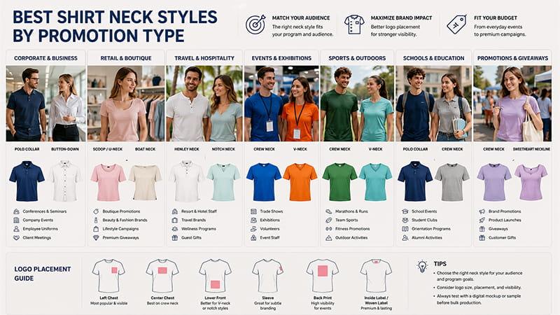 Best shirt neck styles by promotion type, including corporate, retail, travel, events, sports, schools, and giveaways.