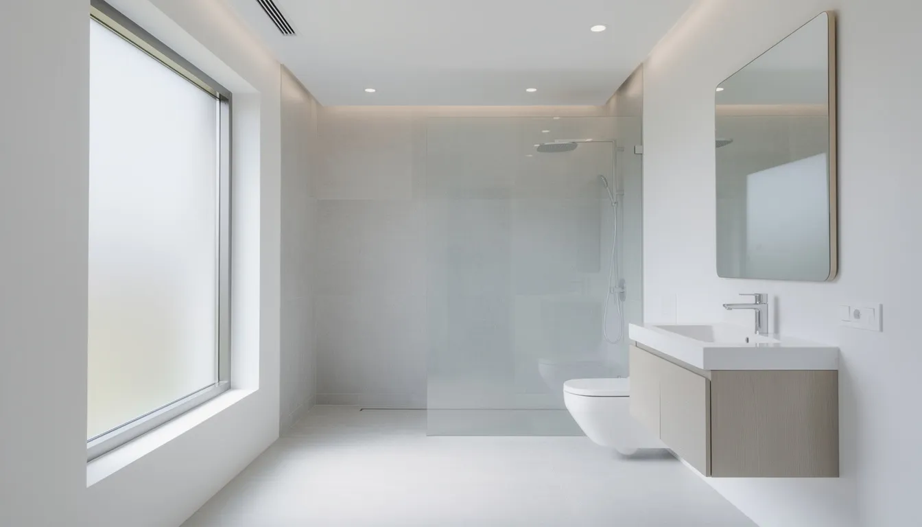 Een moderne, schone badkamer met grote ramen die zorgen voor een goede ventilatie en veel natuurlijk licht. Het mechanische ventilatiesysteem zorgt ervoor dat verse lucht binnenkomt en vocht snel wordt afgevoerd, waardoor de binnenluchtkwaliteit optimaal blijft en schimmelproblemen worden voorkomen.