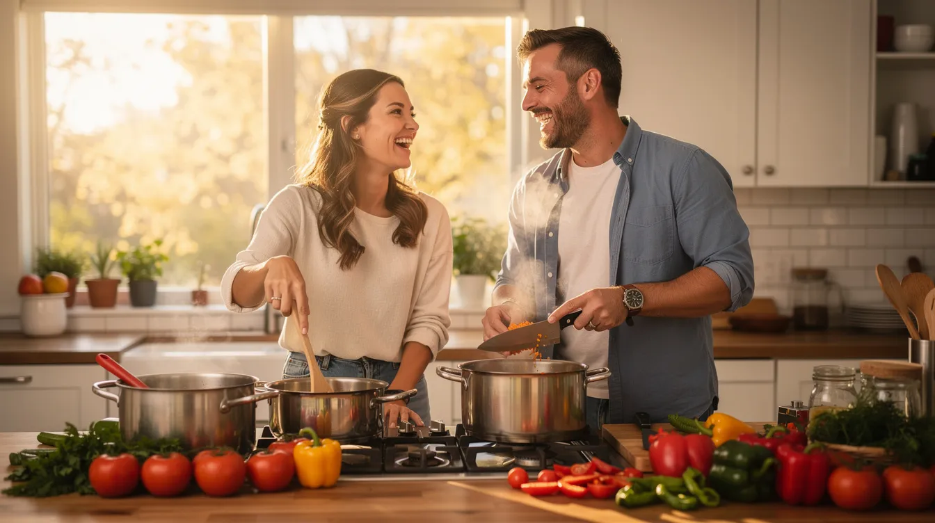A happy couple is cooking together in a bright kitchen, sharing smiles and laughter as they prepare a meal. This joyful moment highlights the importance of meaningful connections and shared interests in building healthy relationships.
