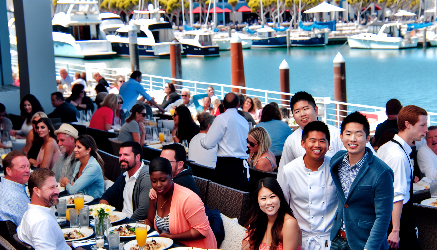 Vibrant atmosphere at Shooters Waterfront with dockside views