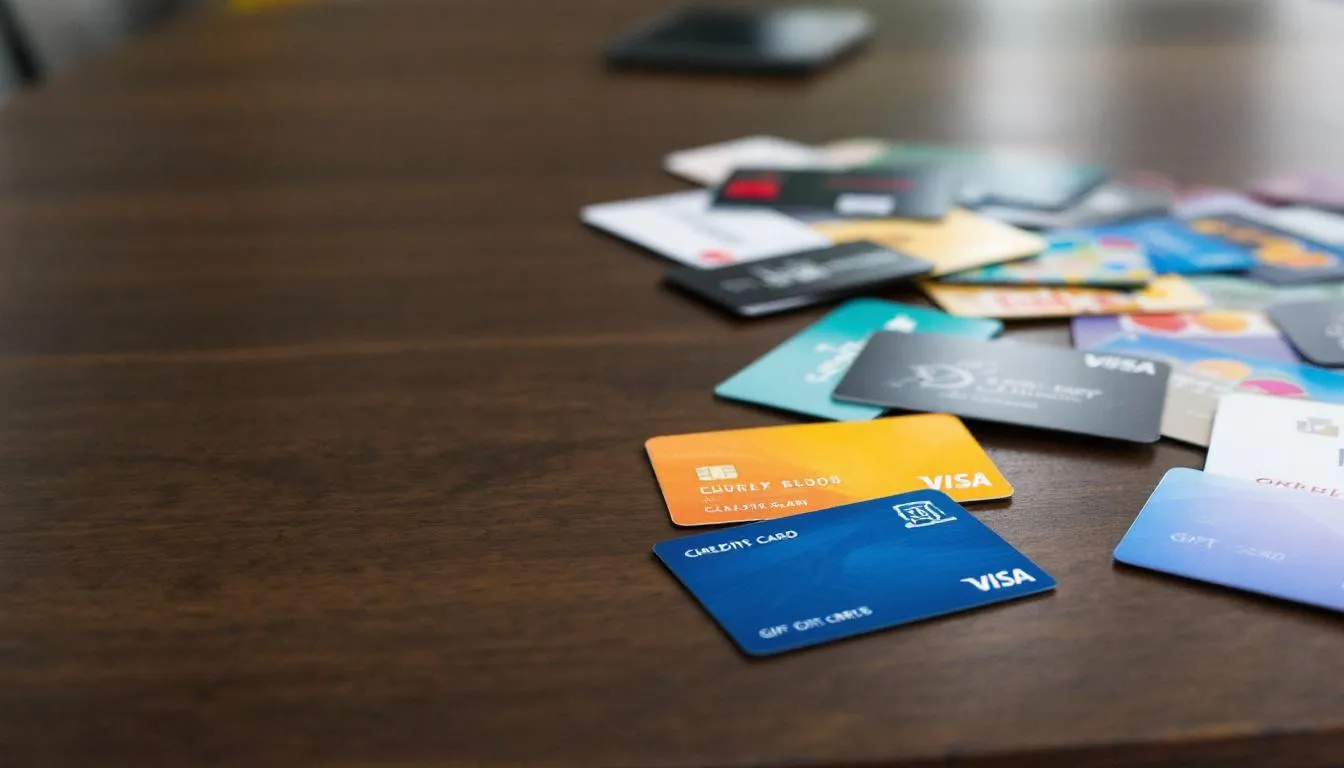 The image shows a variety of credit cards and gift cards, including store gift cards and prepaid cards, spread out on a table, highlighting options for purchasing gift cards online or in-store. This setup suggests the potential to earn credit card rewards through gift card purchases, emphasizing the convenience of using credit cards as a payment method.
