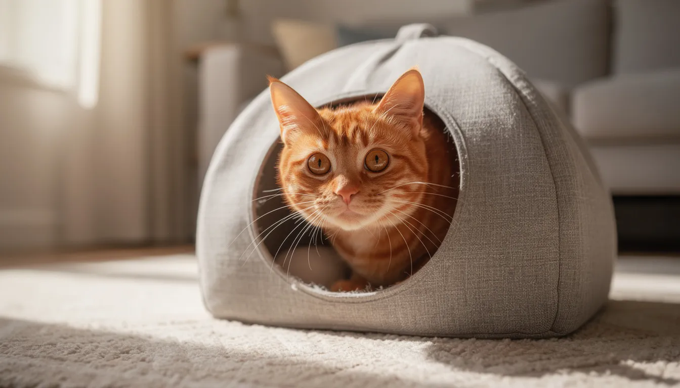 Een speelse rode kat gluurt met zijn kop uit de opening van een leuke kattentent, klaar om te spelen. De kattentent, gemaakt van nylon, biedt een perfect plekje voor de kat om te relaxen en te observeren.