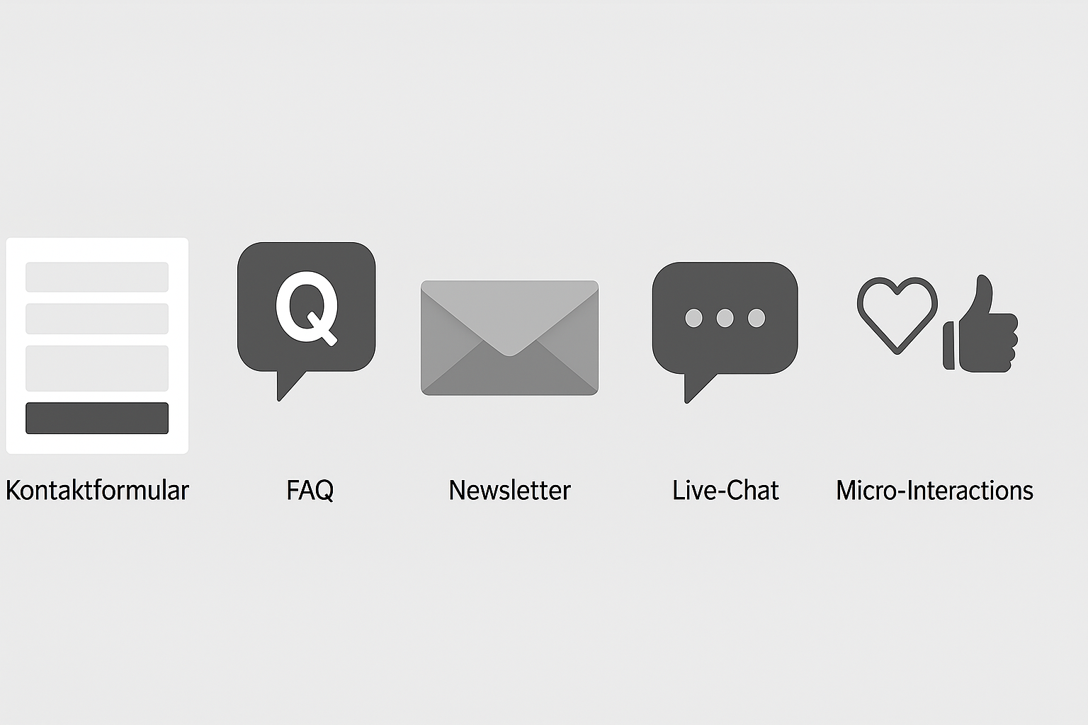 Grafik, die die Elemente Kontaktformular, FAQ, Newsletter, Live-Chat und Micro-Interactions zeigt