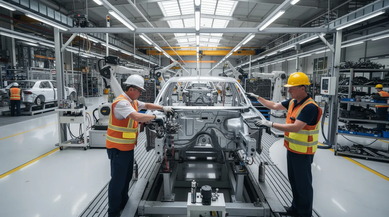 The image depicts workers in a modern automotive factory in Romania, assembling parts with precision and teamwork. This scene reflects the job opportunities available for Pakistani citizens and other foreigners in Eastern Europe, showcasing a diverse workforce engaged in the automotive industry.