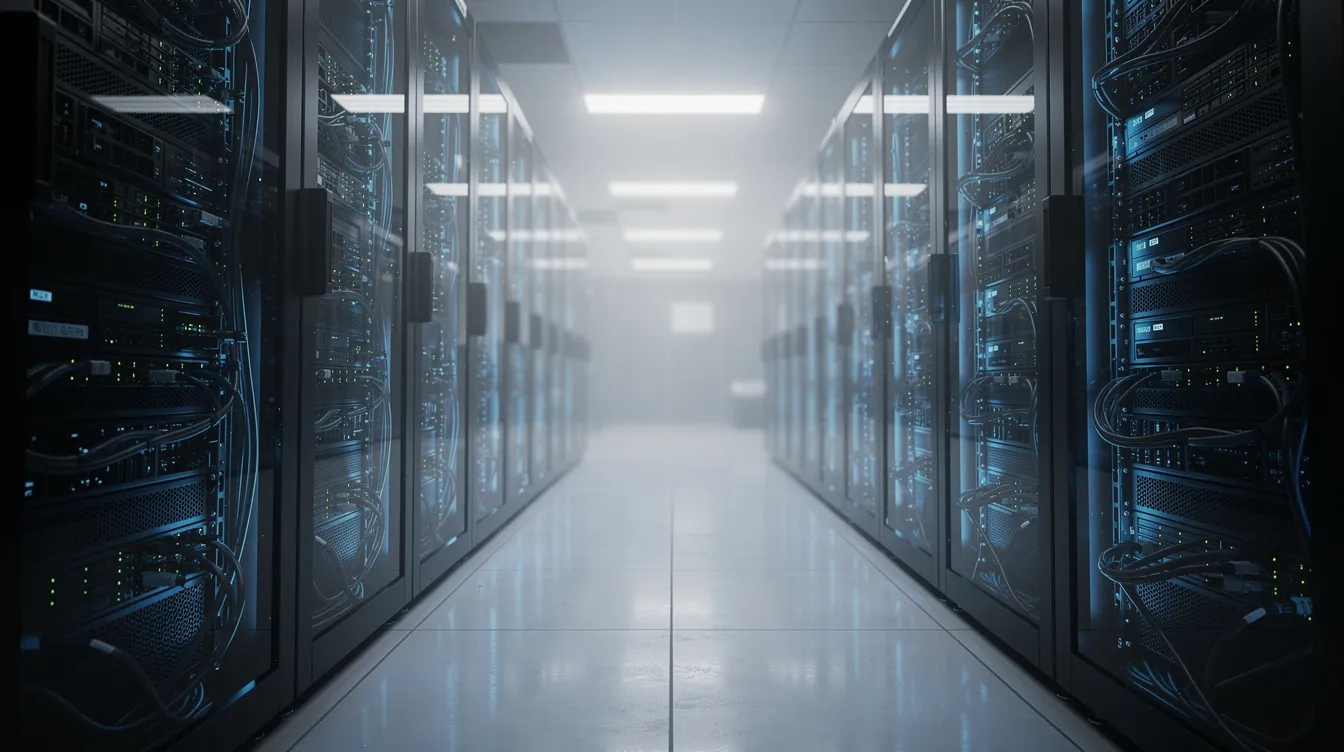Das Bild zeigt moderne Server-Hardware in einem Rechenzentrum, wo Serverschränke in einem beruhigenden Blau beleuchtet sind. Diese Infrastruktur ist entscheidend für Hosting-Anbieter, die Dienstleistungen wie WordPress Hosting und Managed WordPress Hosting anbieten, um Websites und Online-Shops effizient zu betreiben.