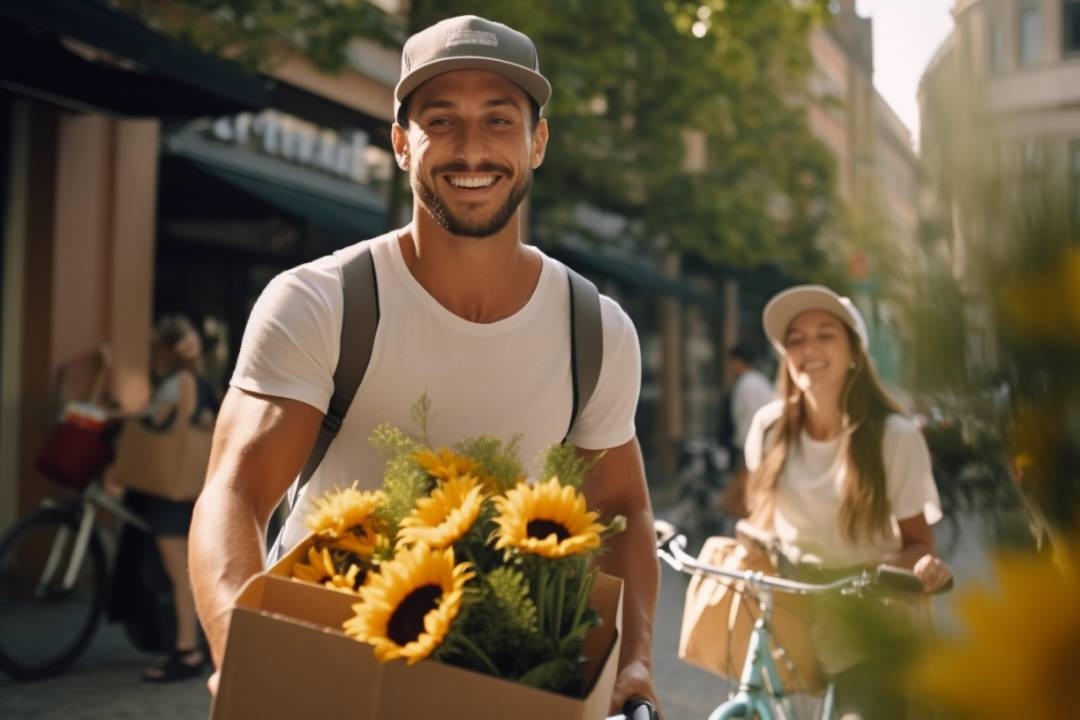 great service, nationwide delivery, major centres, delivery man with cap smiling with sunflowers, delivery same day