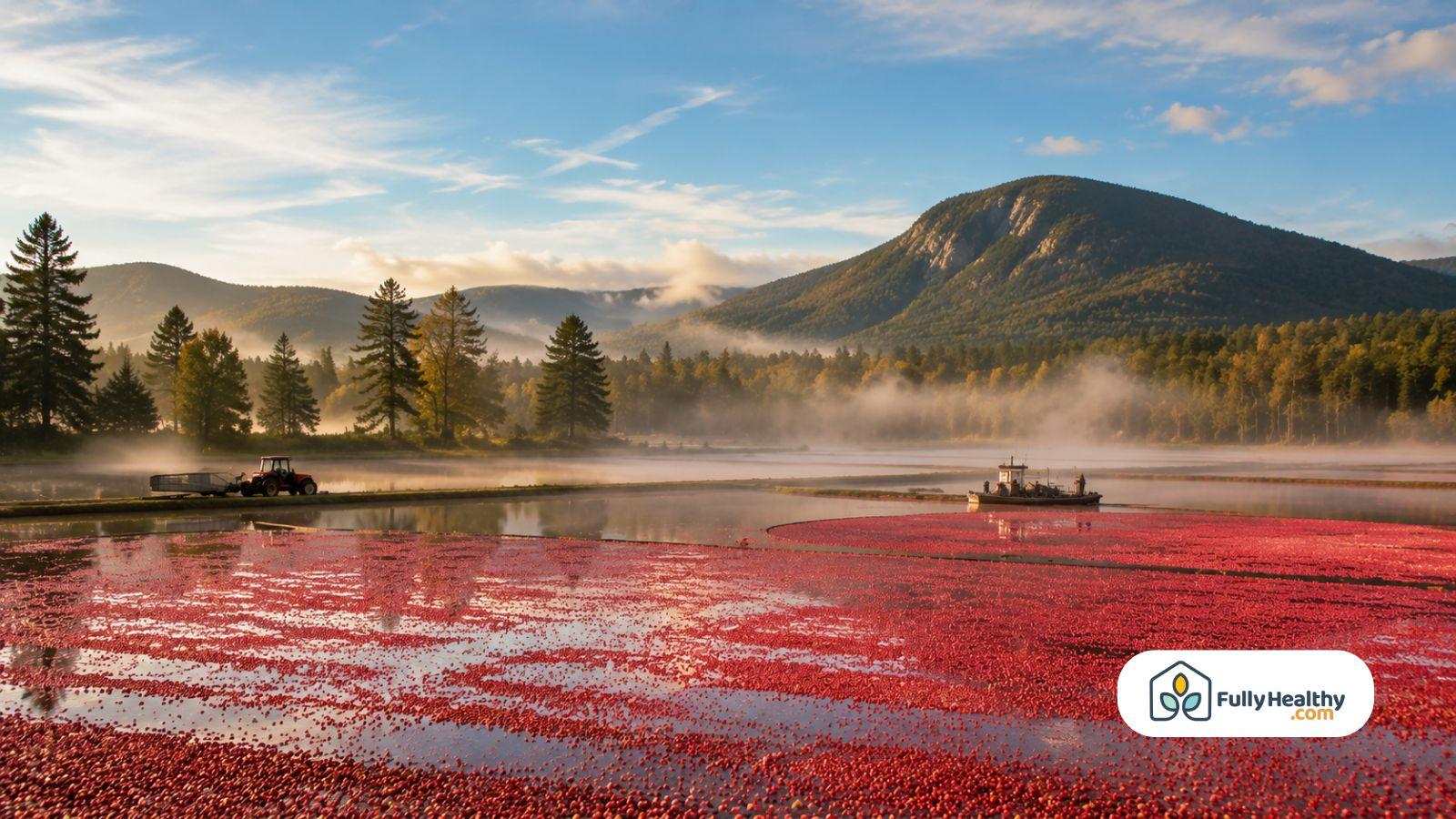Scenic cranberry bog with floating berries and mountain backdrop