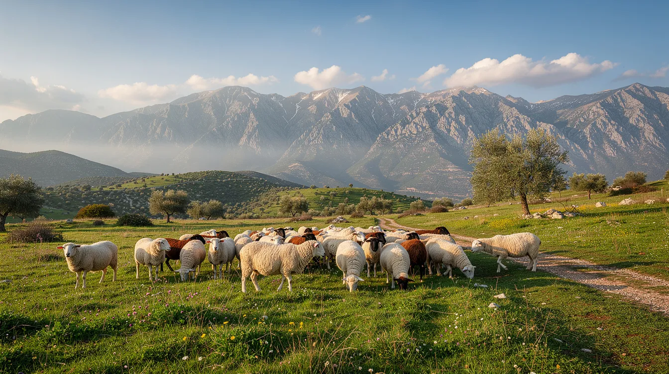 Die griechische Berglandschaft zeigt eine grüne Weide, auf der eine Herde von Schafen grast. Diese Schafe sind die Quelle für köstlichen Schafskäse, wie Feta und Hirtenkäse, die in der mediterranen Küche häufig verwendet werden.