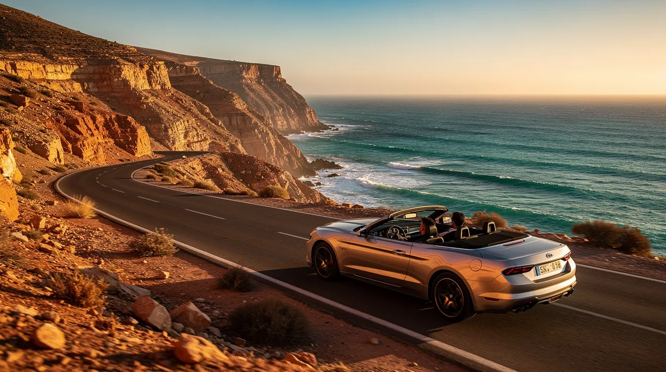 Een luxe cabrio rijdt langs een prachtige kustweg in Marokko, met de oceaan die schitterend op de achtergrond ligt. Deze ultieme rijervaring biedt een onvergetelijke entree voor liefhebbers van exclusieve auto's.
