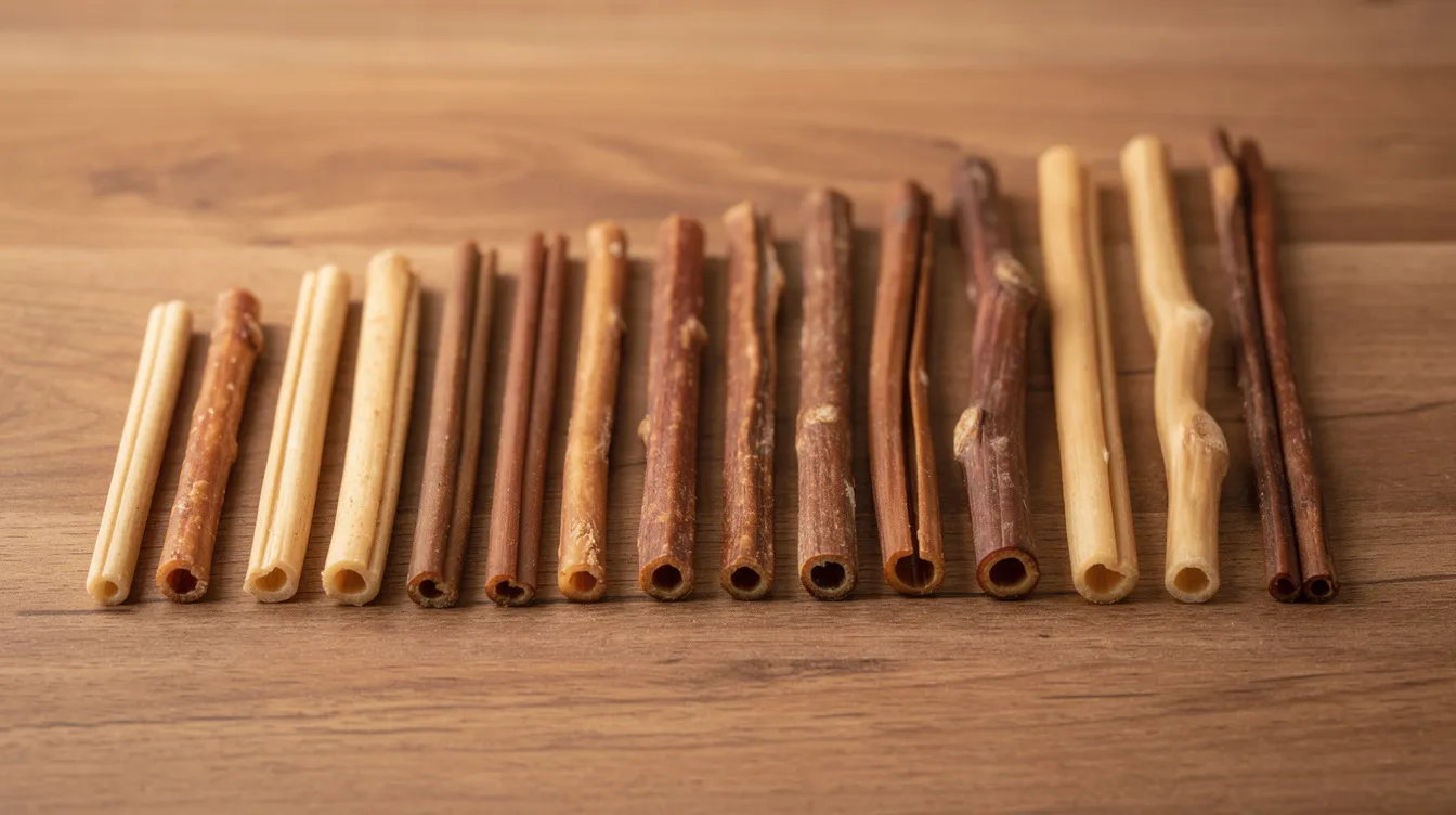 The image features various bully sticks of different lengths neatly arranged on a wooden surface, showcasing a range of quality bully sticks ideal for dogs. These natural dog chews are perfect for pet owners looking to buy bully sticks that promote dental health and provide long-lasting enjoyment for their furry friends.