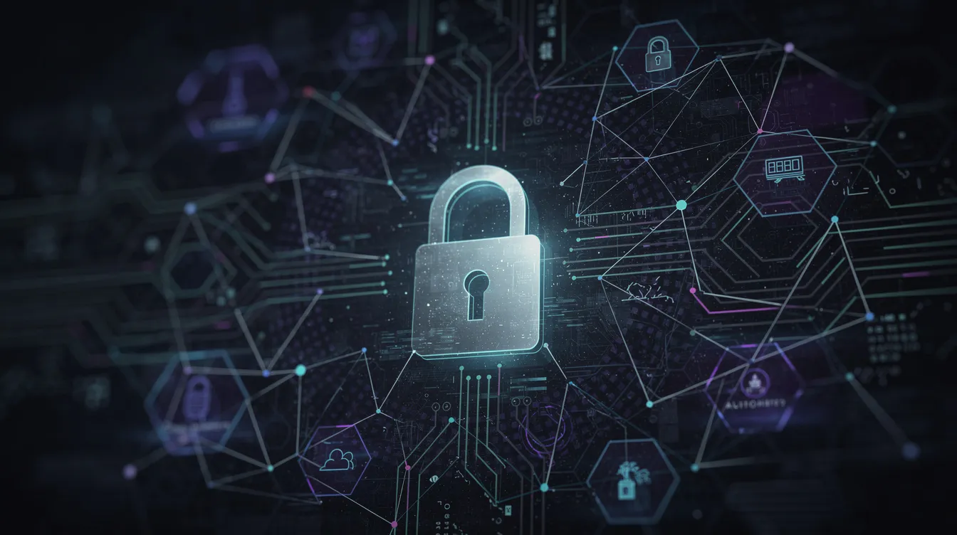 The image depicts a secure digital lock prominently displayed over a network of interconnected nodes, symbolizing governance and security in business process management. This visualization emphasizes the importance of protecting data and optimizing workflows to improve business performance and ensure compliance in organizational operations.