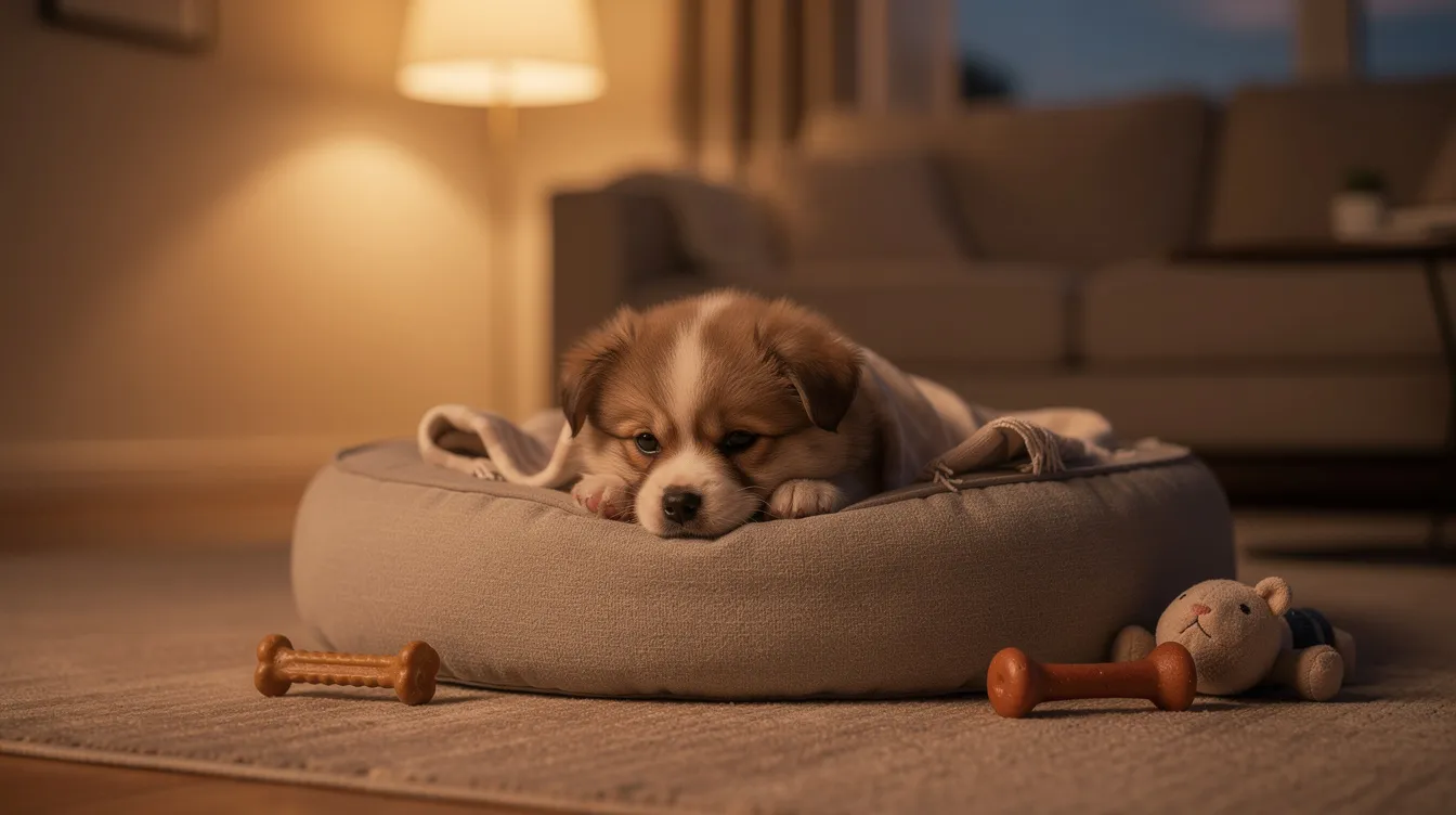 The image depicts a young puppy peacefully sleeping in a cozy dog bed, surrounded by soft blankets in its new home. The setting is calm and inviting, illustrating the puppy's first night at home as it settles into its safe space.