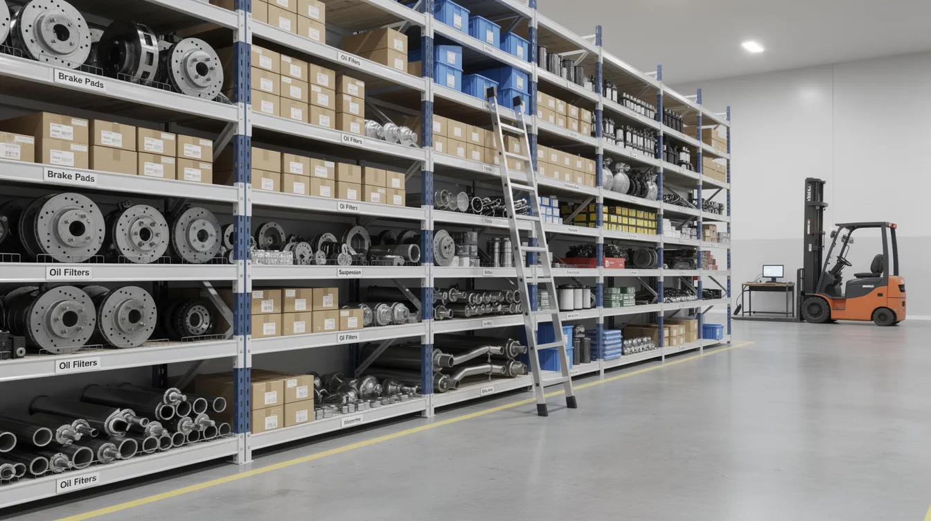 c0e1dc87 2575 49b0 94a2 b5cd6083bb7a The image depicts a well-organized automotive parts warehouse, showcasing neatly arranged shelves filled with various spare parts and components essential for the automotive industry. This efficient layout highlights the importance of organization in a successful automotive business, catering to the needs of vehicle owners and auto repair shops.