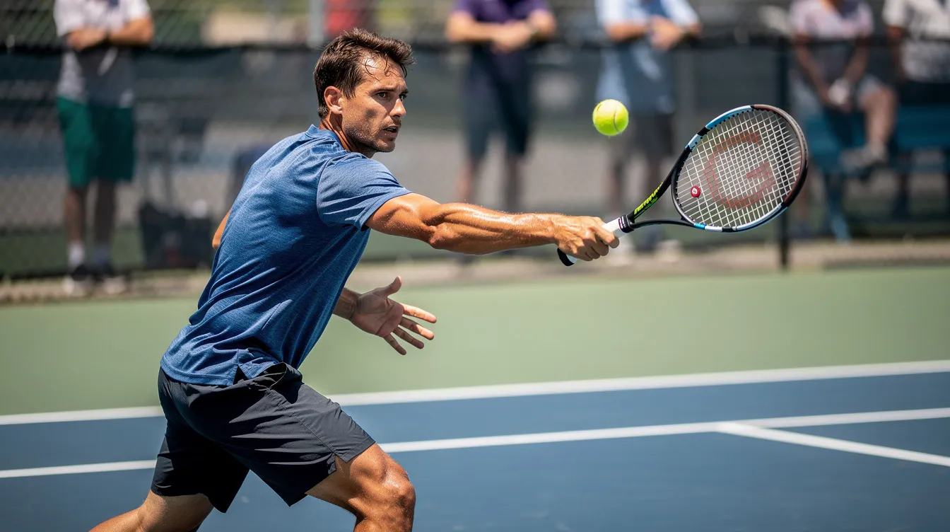 A tennis player is captured in the lag position on a sunny court, with their racket dropped below the ball, emphasizing the importance of body weight and racket speed for a powerful forehand stroke. This moment highlights the critical contact point and swing path needed to hit forehands with more spin and energy.