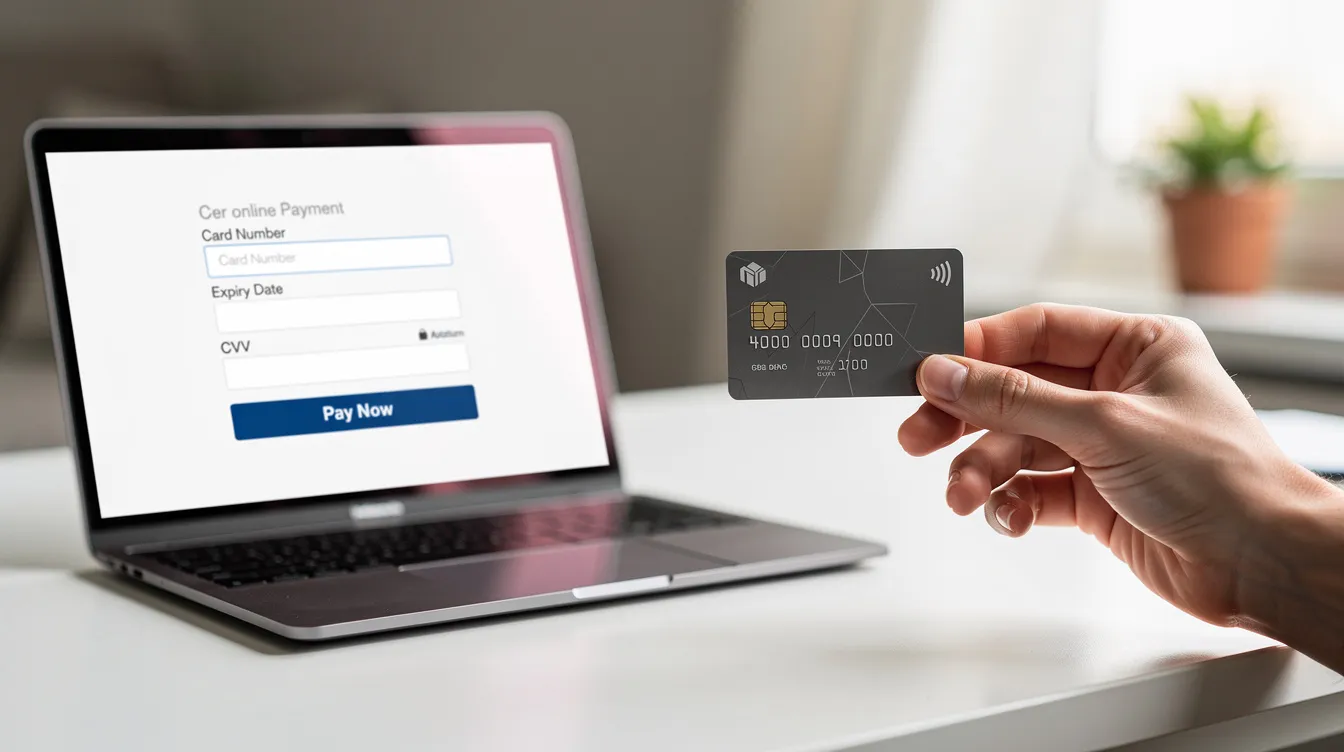 A hand is holding a debit card near a laptop screen displaying an online payment form, illustrating the process of making deposits for online casinos that accept UK players. This scene highlights the convenience of using secure payment methods for accessing a variety of online gambling options, including live casino games and online slots.