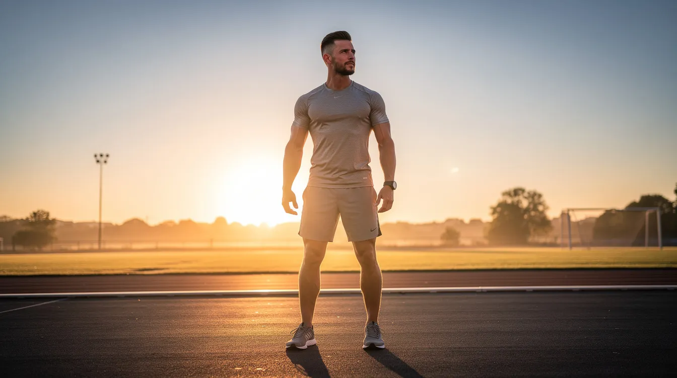 A confident man in athletic wear stands outdoors against a vibrant sunrise, embodying a healthy lifestyle and physical performance. His posture suggests strong physical stamina and energy levels, reflecting the benefits of daily nutritional support for overall male vitality and wellness.